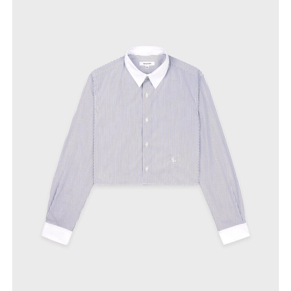 Sporty & Rich SRC Embroidered Stripe Cotton Crop Button Up Shirt Quiet Luxury L